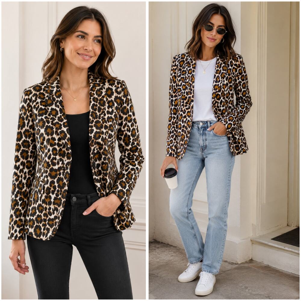 J.Crew Parke Leopard Print Linen Blend Blazer Jacket Size 4